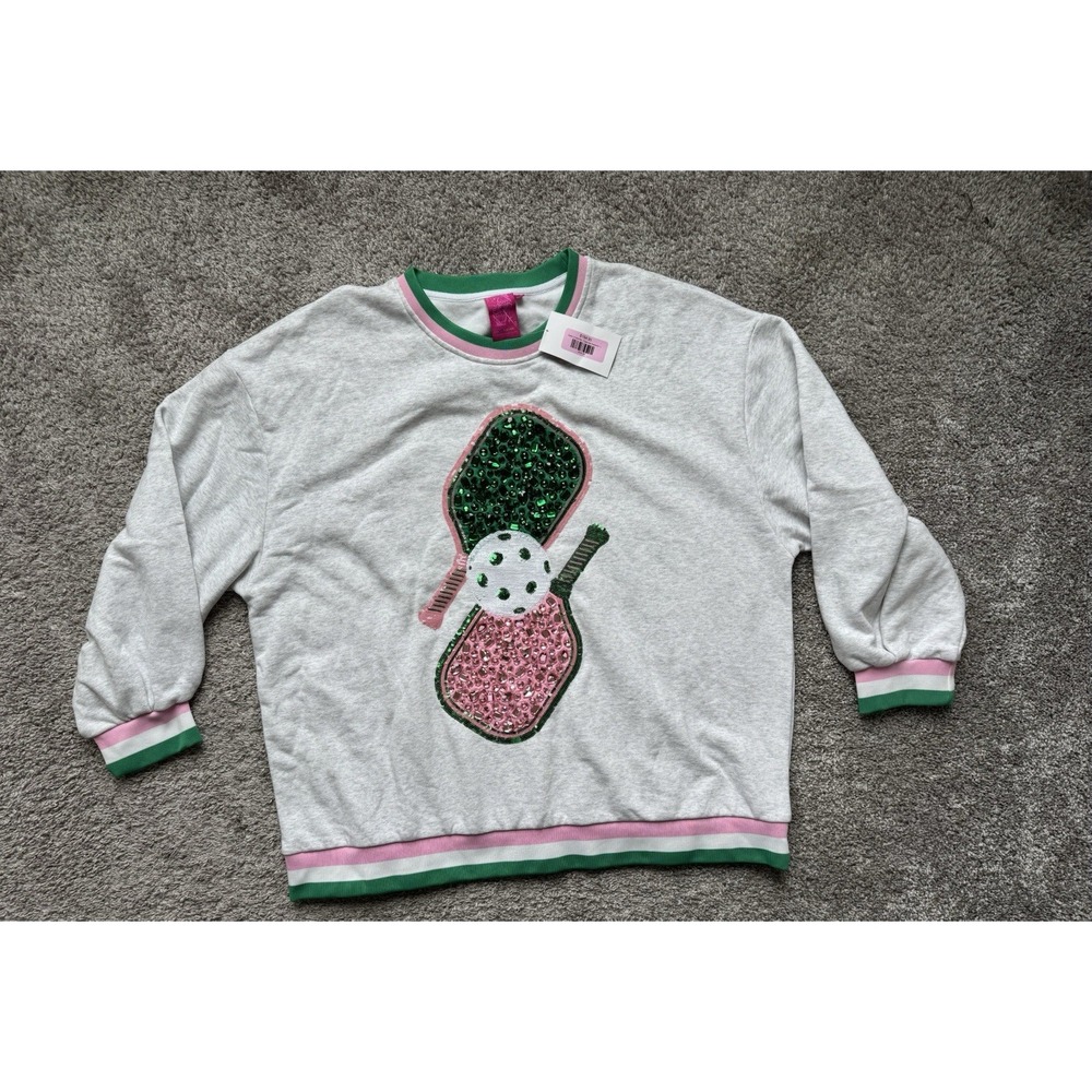 GREY GREEN AND PINK JEWELED SPORT STRIPE PICKLEBALL SWEATSHIRT XL‎